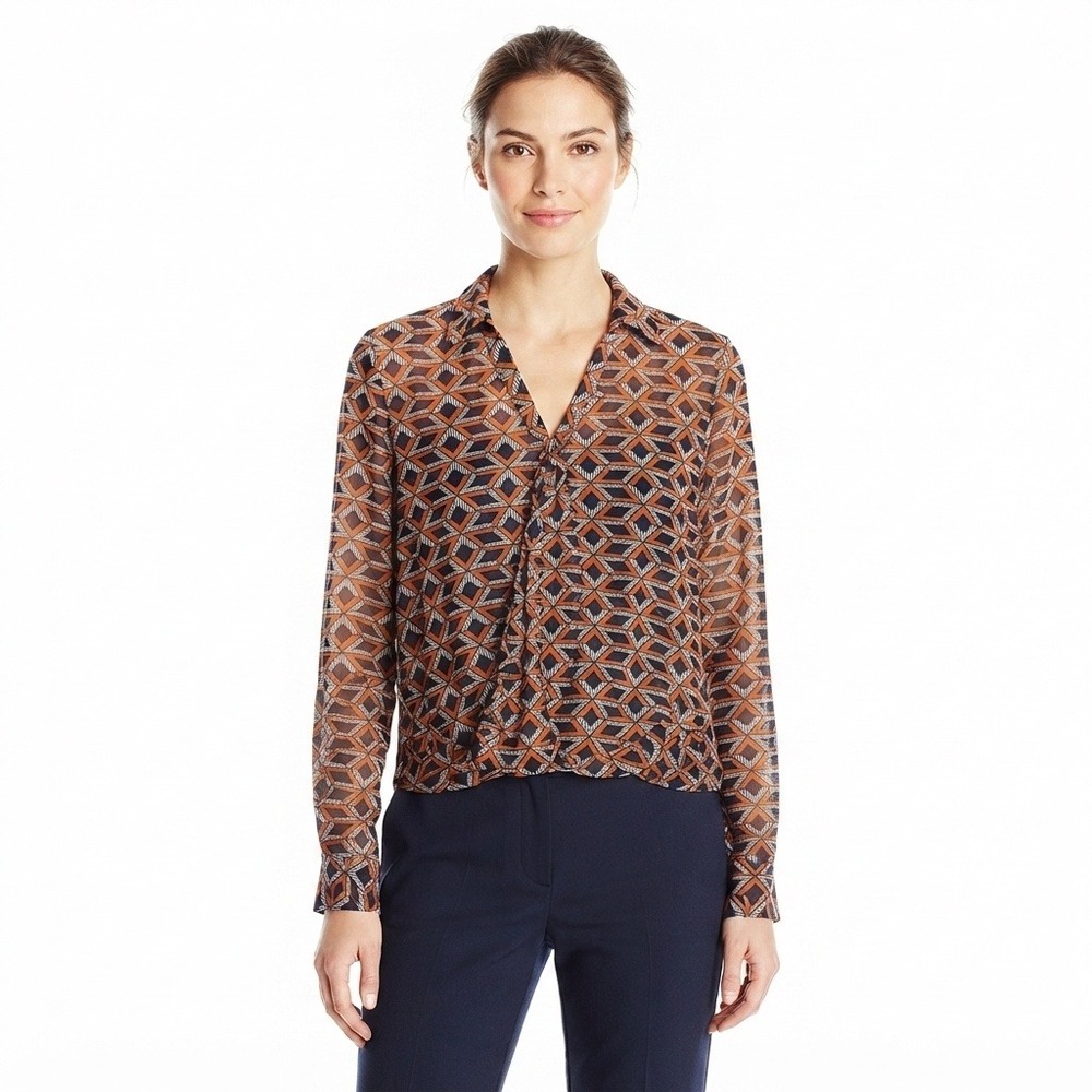 Eden & Olivia Blouse Womens Large Geometric Twist Front Navy Orange Long Sleeve